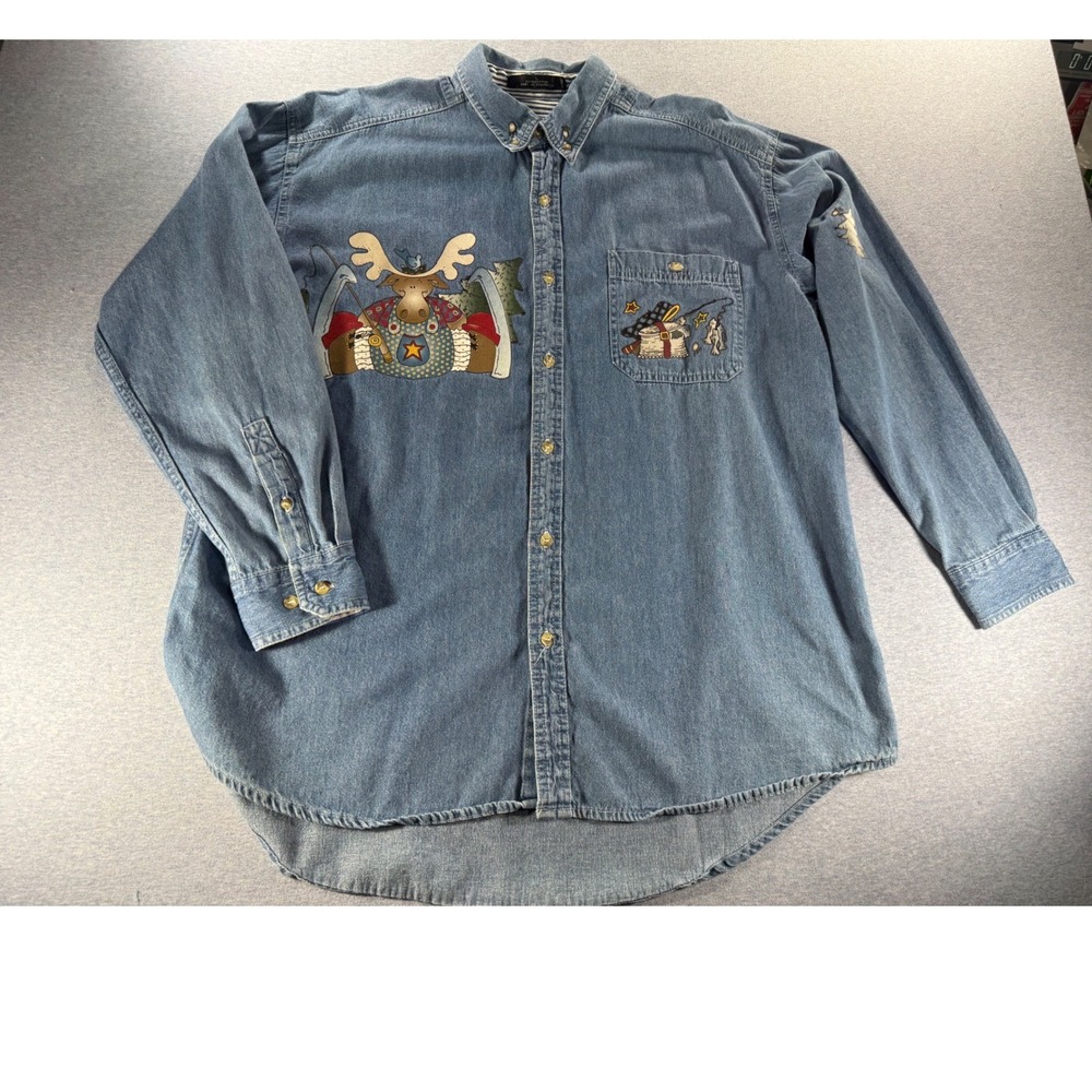 Luna Pier Denim Button Down Shirt Blue Embroidered Moose Fishing Large CBR 5002